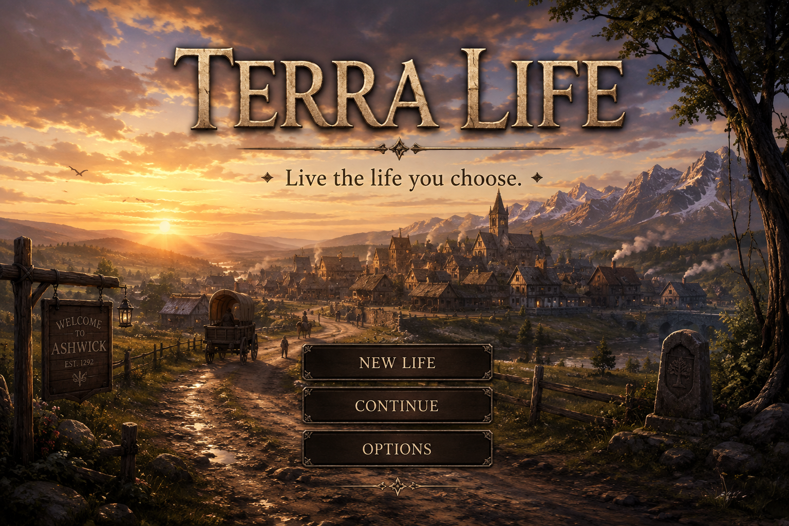 Terra Life. Live the life you choose. A dirt road leads into the town of Ashwick at sunset, mountains in the distance.